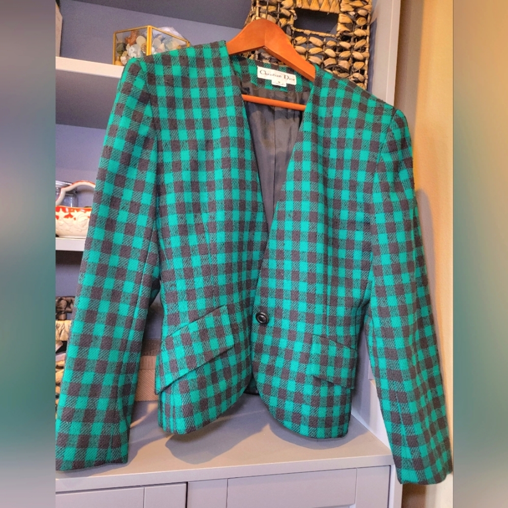 Christian Dior Green & Black Plaid VINTAGE Blazer 80's Easter